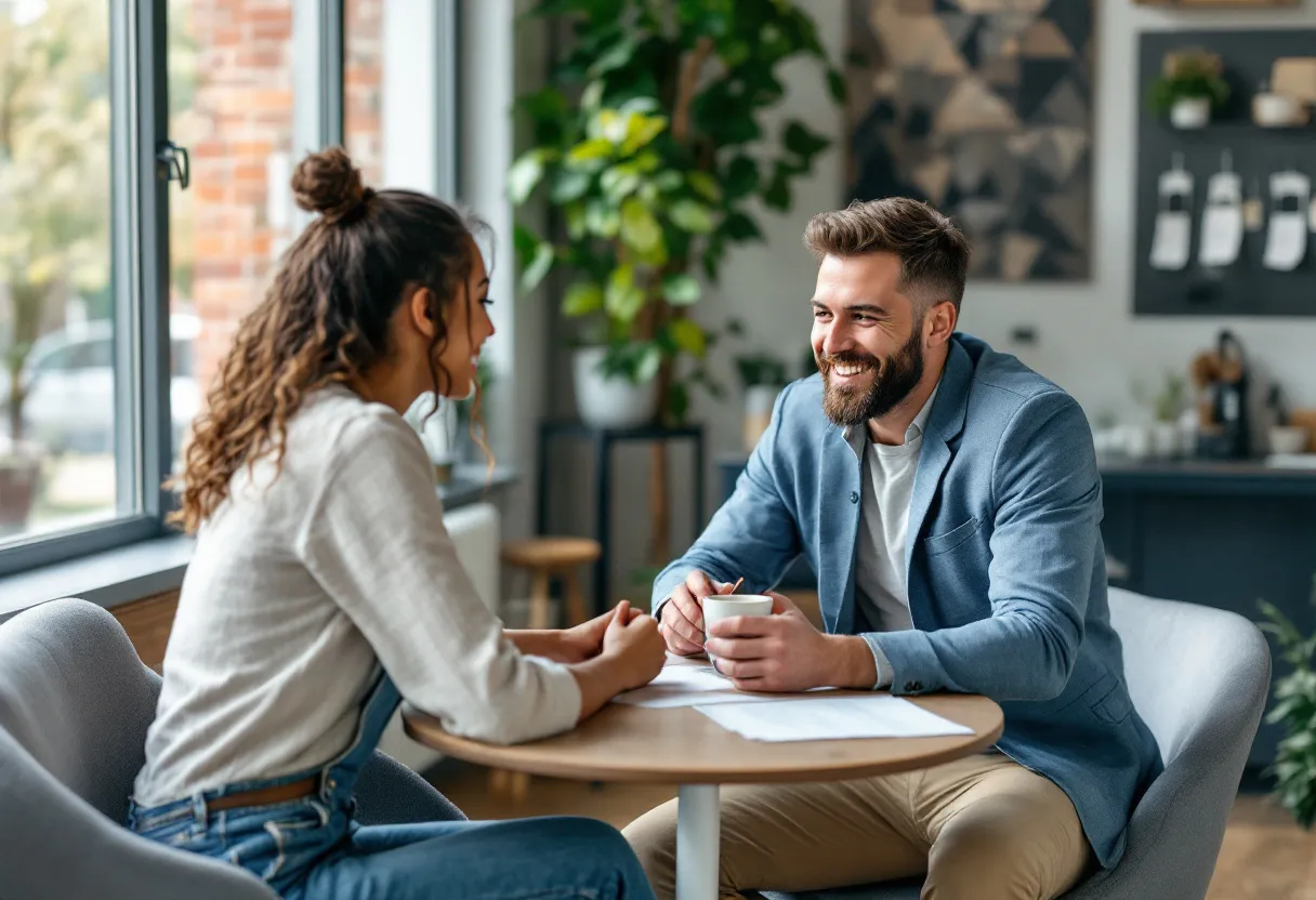 Een privéonderzoeker zit tegenover een bezorgde klant aan een kleine ronde tafel in een rustig, modern kantoor, met papieren en een koffiekopje tussen hen in.