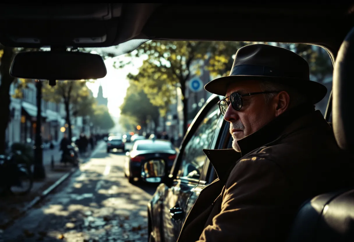 Een privédetective met een verrekijker zit discreet in een onopvallende auto en observeert een straat in het historische centrum van Gent, terwijl de ochtendzon door de bladeren van de bomen schijnt.
